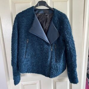 J Crew Collection Moto Jacket Boucle Silk Zip Up Womens 2 XS Blue Black Luxury
